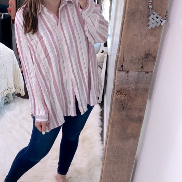 Terra & Sky pink & white striped button down shirt size 2X - Picture 1 of 5